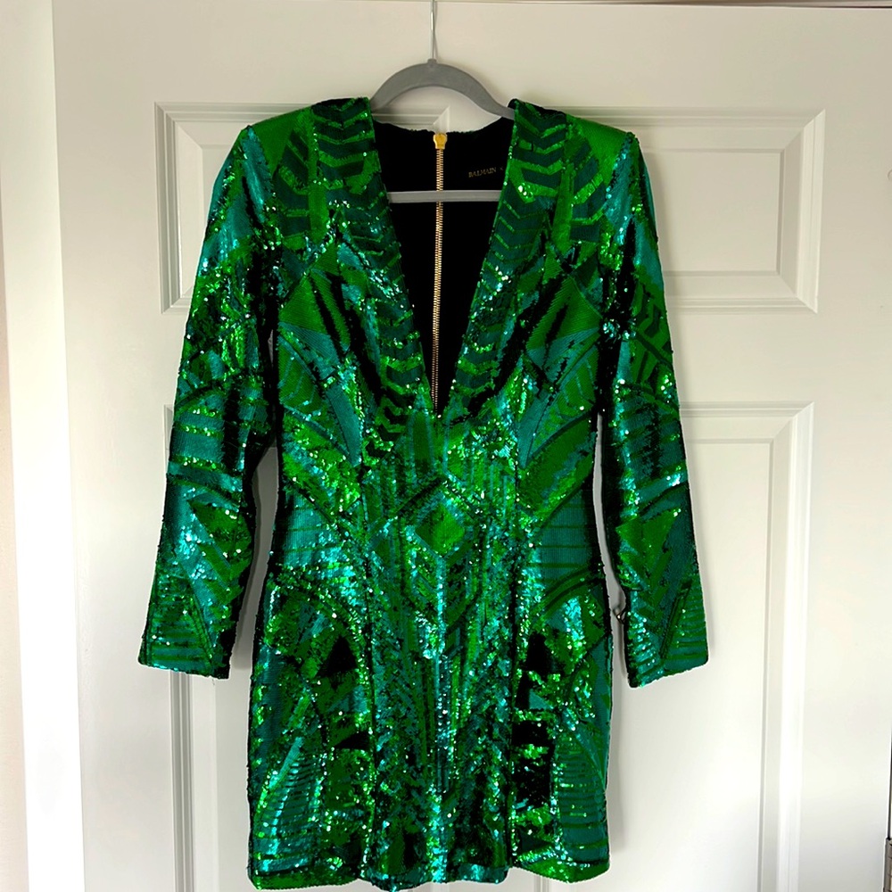 Balmain x H&M green sequin mini dress size 6
